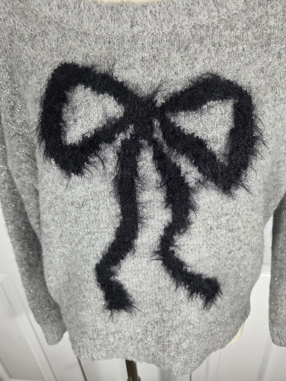Maeve Anthropologie Bow Sweater Fuzzy Knit Coquette Gray Small